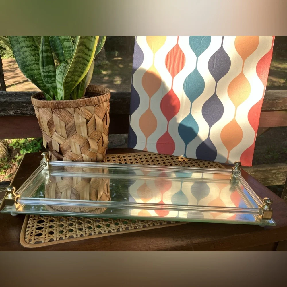 Vintage Rectangular Glass Mirror Vanity Tray with Brass Accents